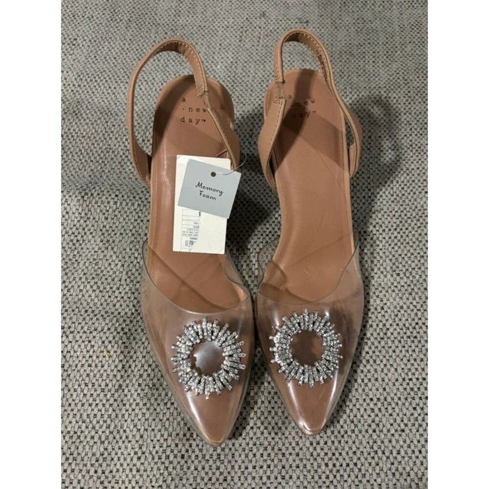 A New Day Clear Rhinestone Slingback Heels Size 11 Nude Pointed Toe NWT